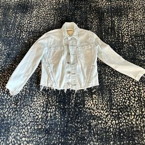 L’Agence cropped, fitted denim jacket; palest blue